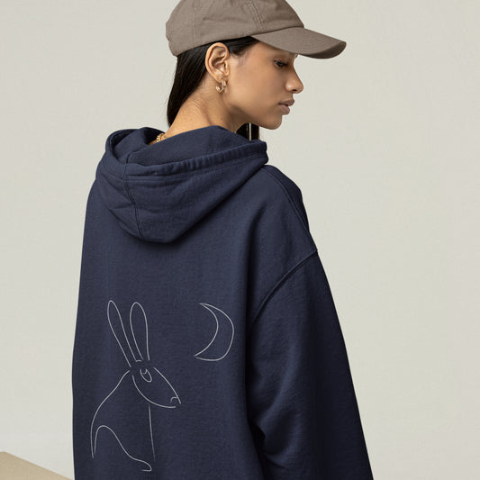Hare stares at moon sustainable vegan hoodie one pocket (front and back design)