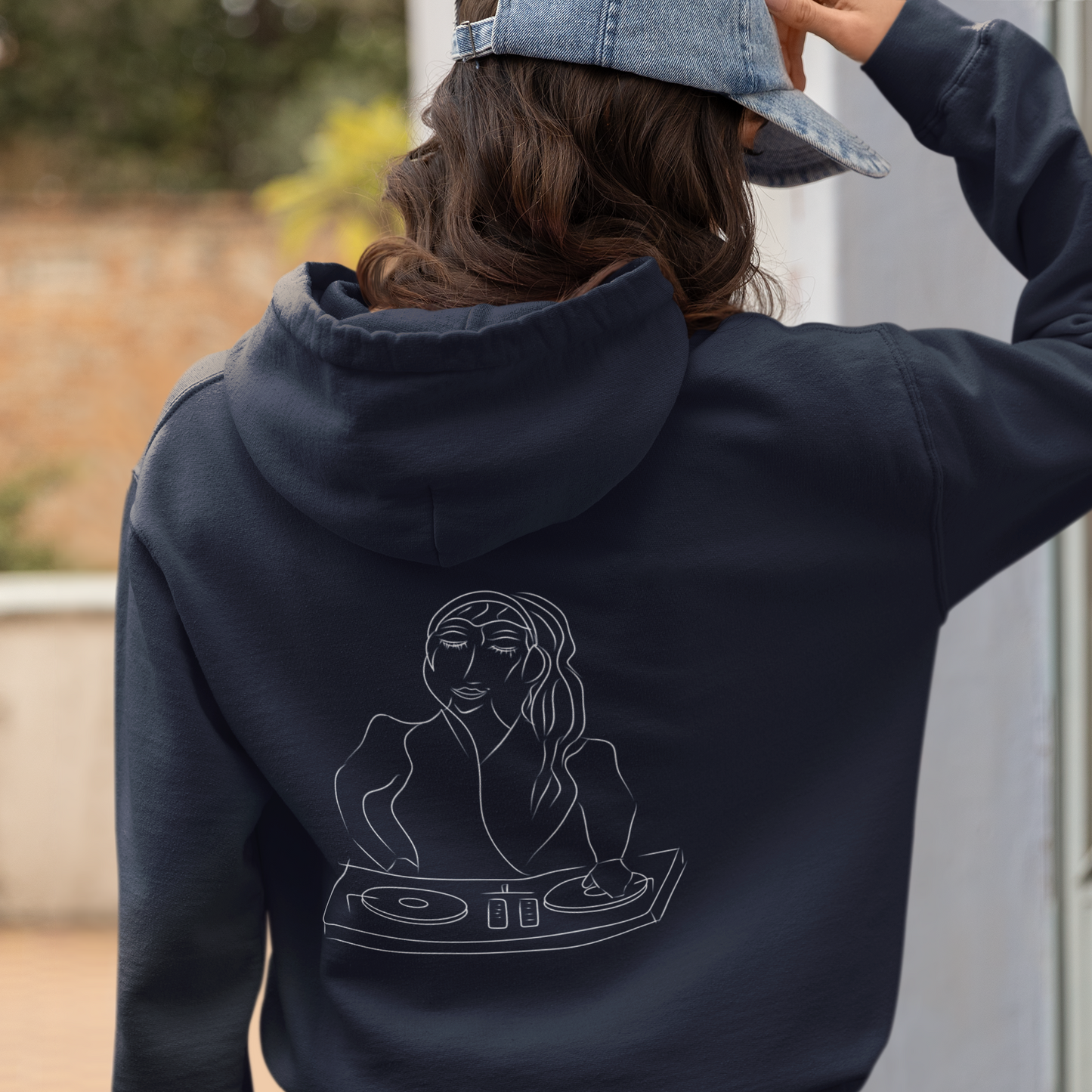 Woman DJ White | Sustainable Hoodie worn by a woman