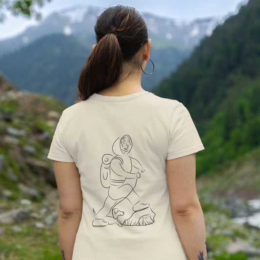 Woman and Dog Hiking | 100% Organic Cotton T Shirt worn by a woman hiking