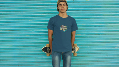 Lemur Snowboarder | 100% Organic Cotton T Shirt worn by a man with a skateboard