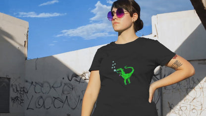 Velociraptor blowing bubbles Women's vegan organic cotton t-shirt