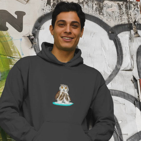 Owl on a surfboard sustainable vegan hoodie