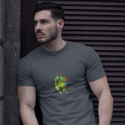 Man wearing a Bagpiper chameleon vegan organic cotton t-shirt