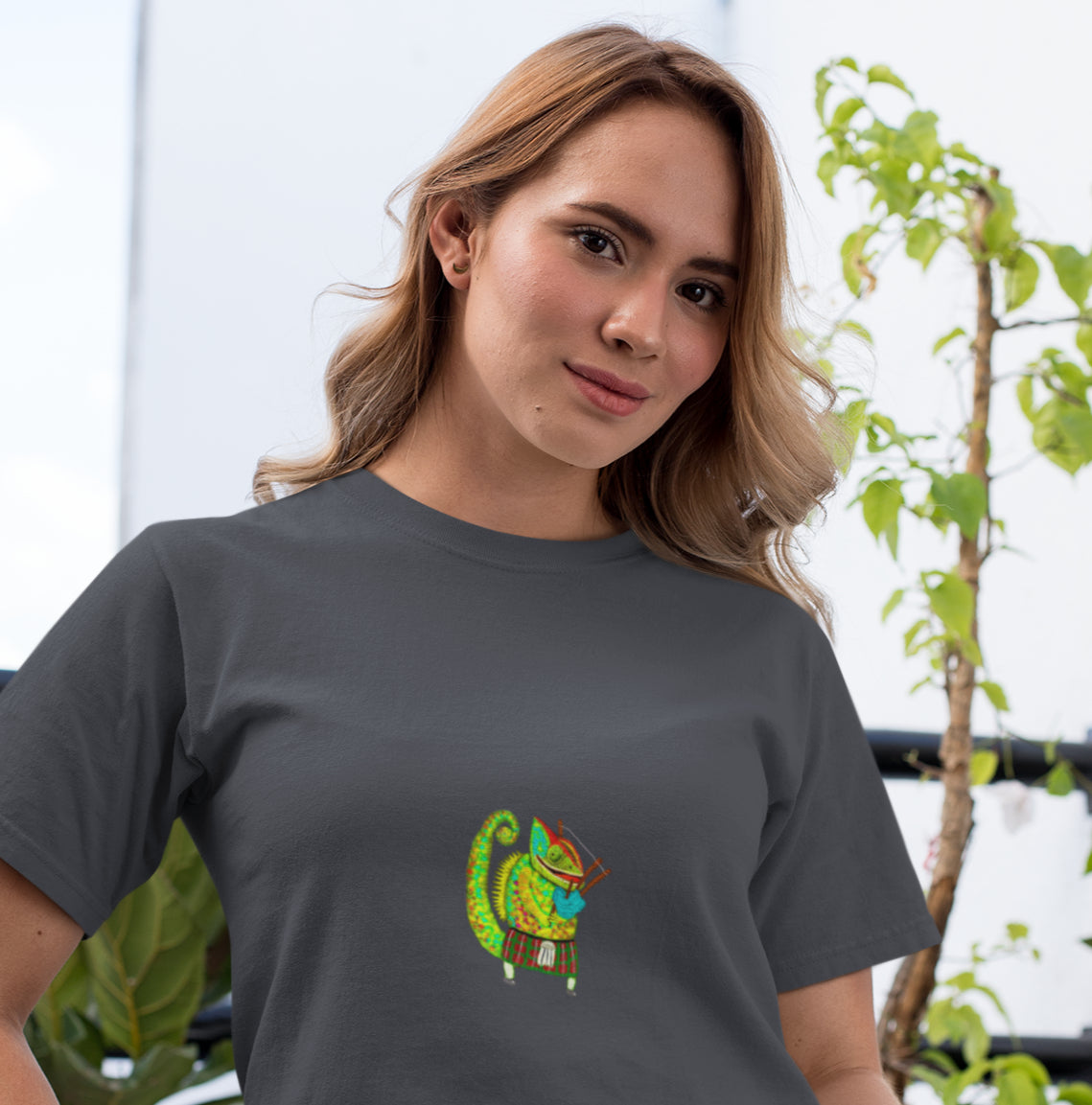Bagpiper Chameleon | 100% Organic Cotton T Shirt worn by a woman
