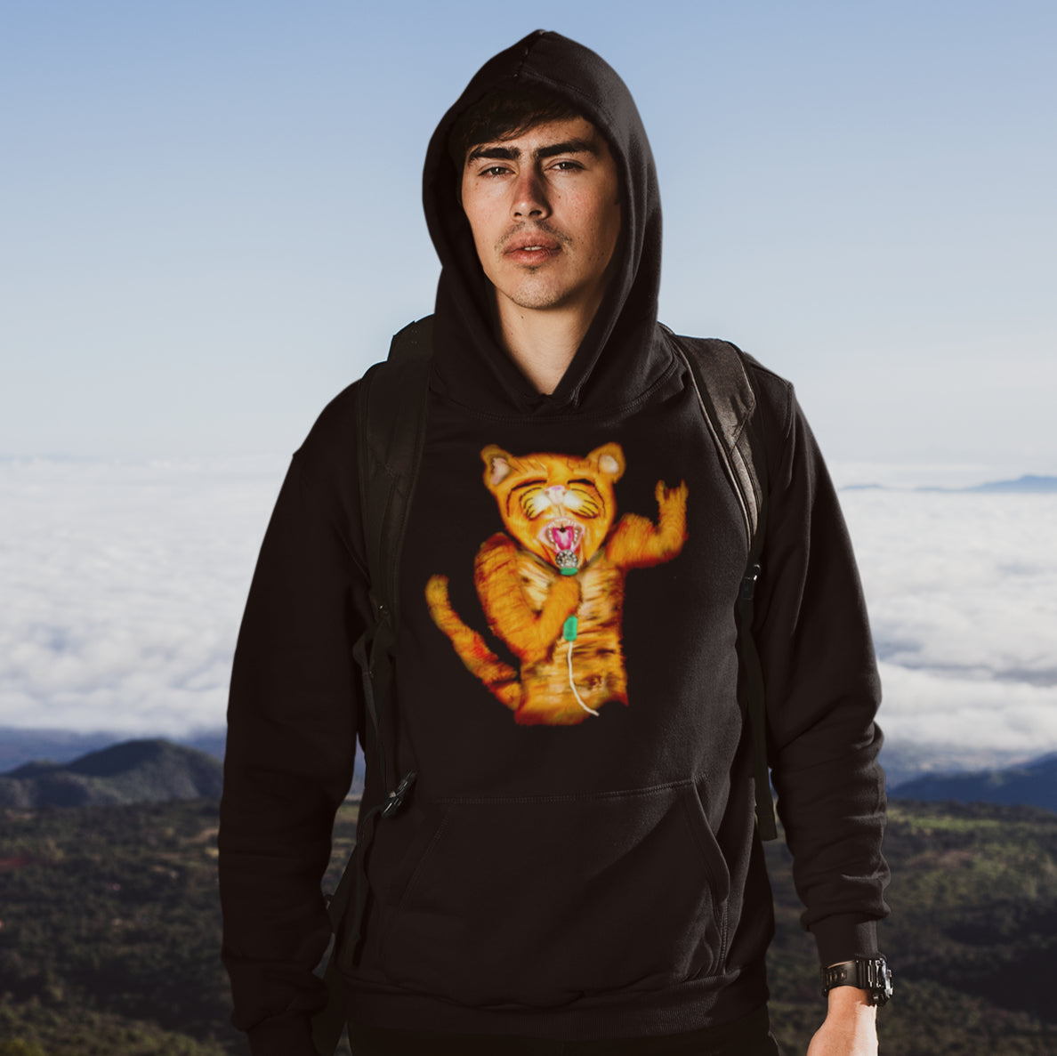 Man wearing a Cat rocker sustainable vegan hoodie