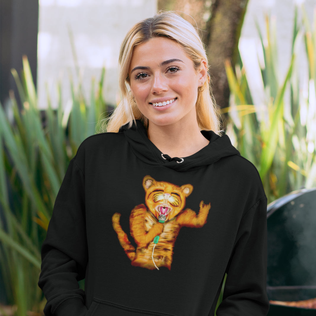 Woman wearing a Cat rocker sustainable vegan hoodie