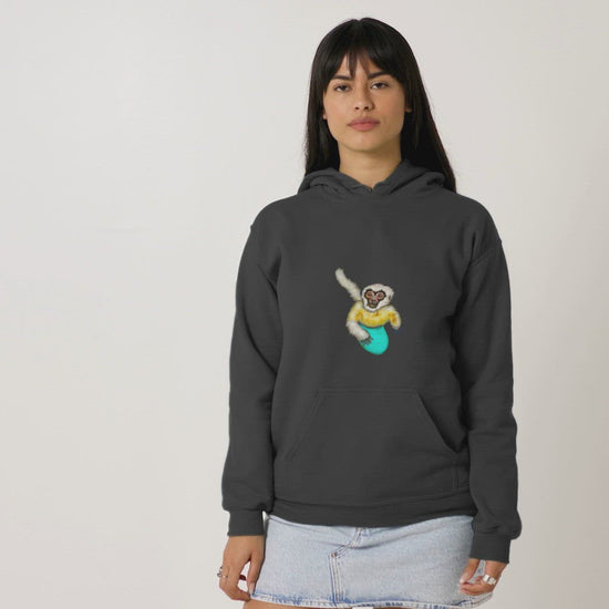 Surfing white cheeked gibbon sustainable vegan hoodie