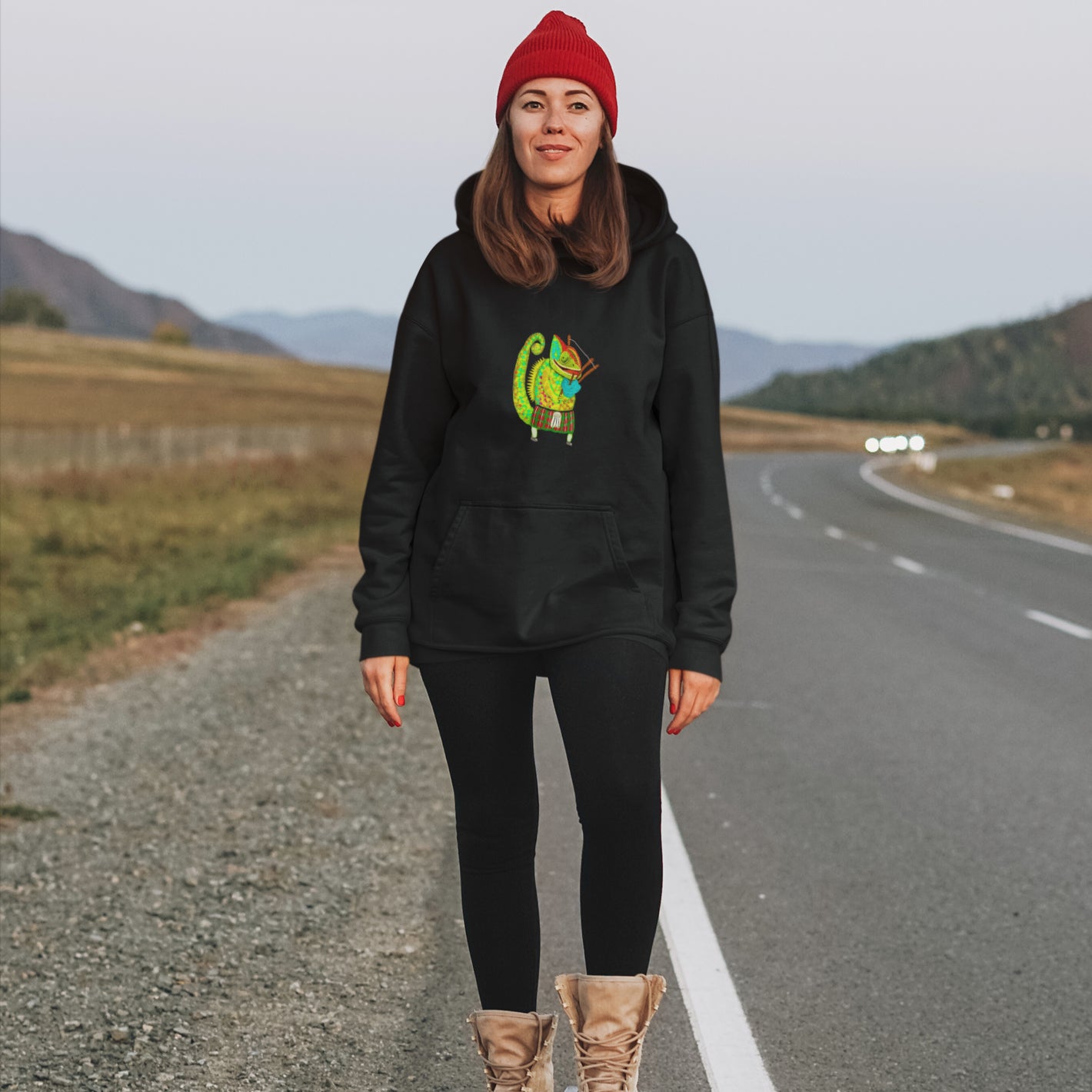 Woman wearing a Chameleon bagpiper sustainable vegan hoodie