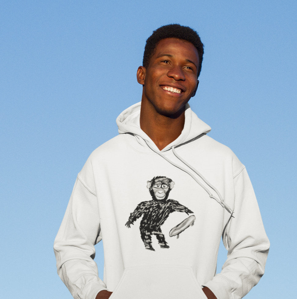 Man wearing a Chimp with a skateboard sustainable vegan hoodie