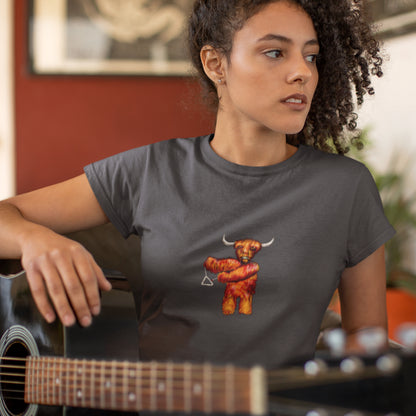 Woman wearing a Cow with triangle vegan organic cotton t-shirt