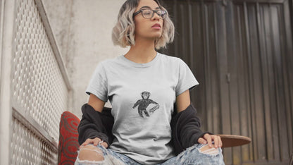 Monkey Skateboard | Women's 100% Organic Cotton T Shirt worn by a woman sat outside