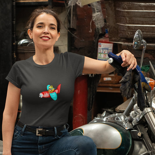 Flying Lizard | Women's 100% Organic Cotton T Shirt worn by a woman by a bike