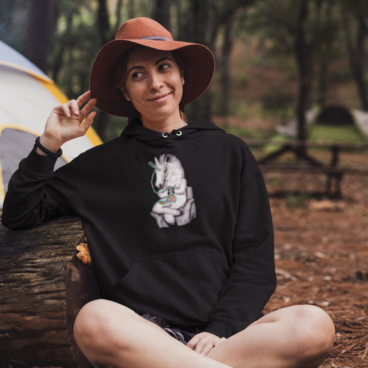Woman wearing a Knitting unicorn sustainable vegan hoodie