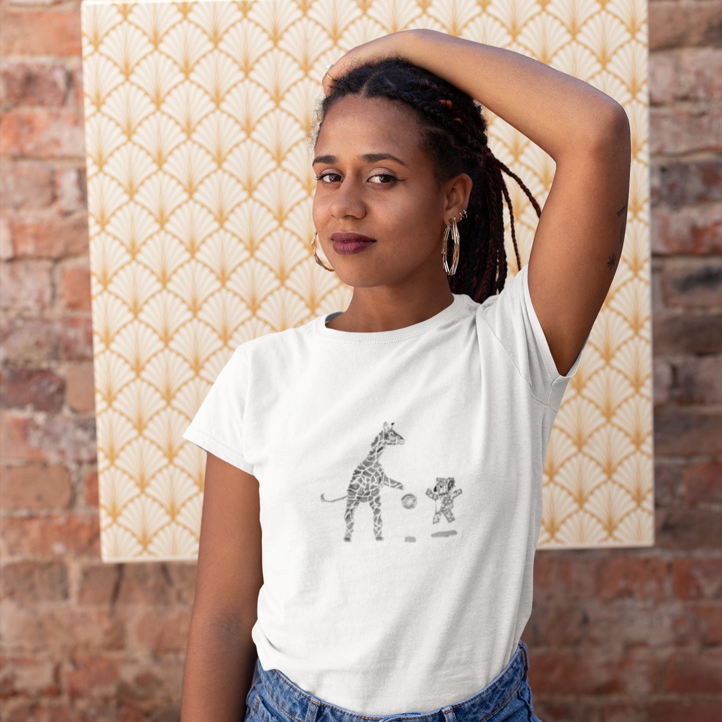 Woman wearing a Koala and giraffe playing basketball women's vegan organic cotton t-shirt