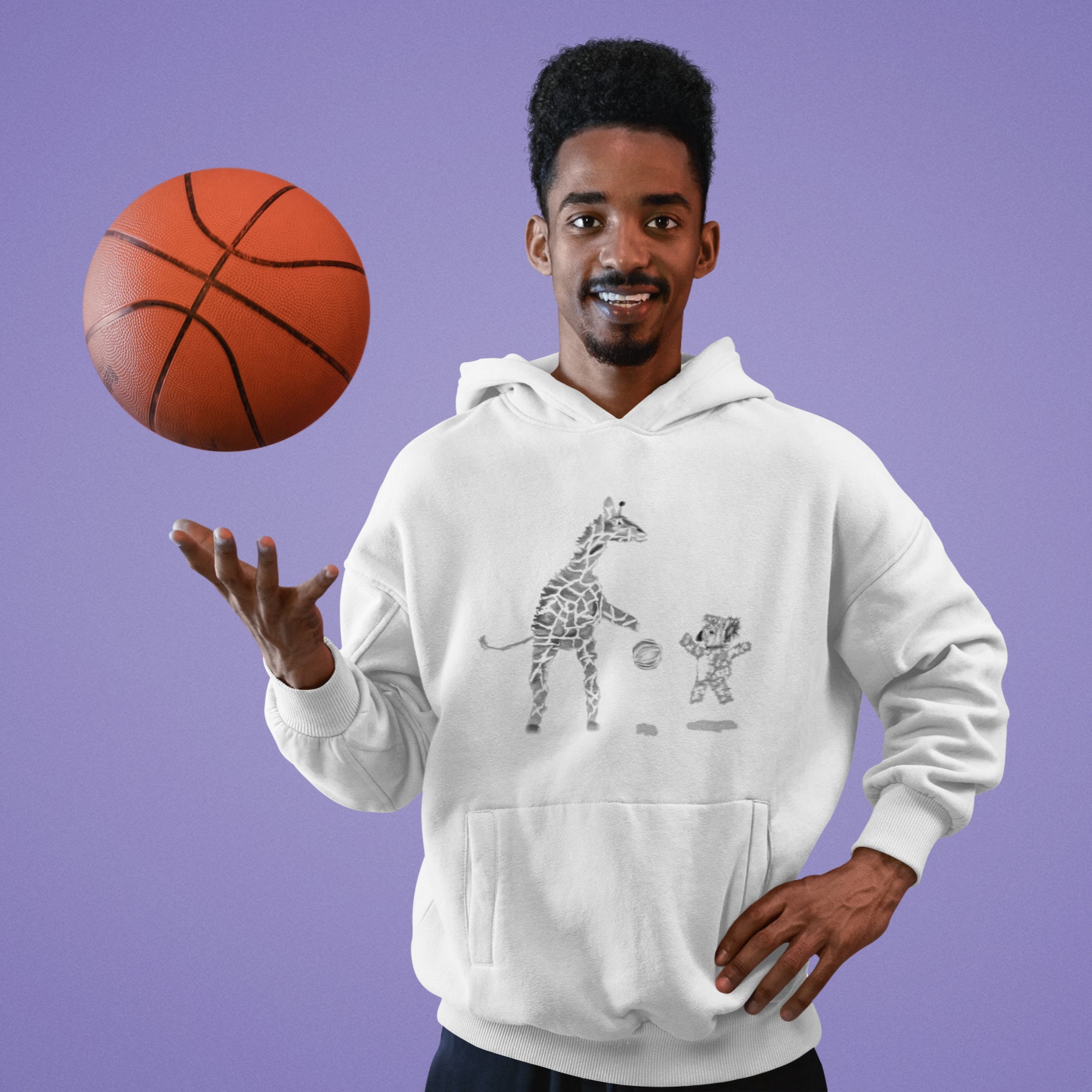 Man wearing a Koala and Giraffe basketball sustainable vegan hoodie
