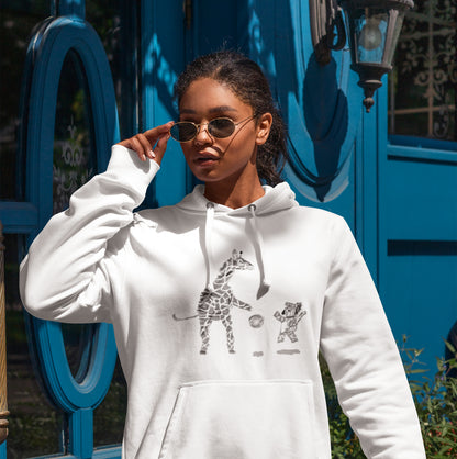 Woman wearing a Koala and Giraffe basketball sustainable vegan hoodie