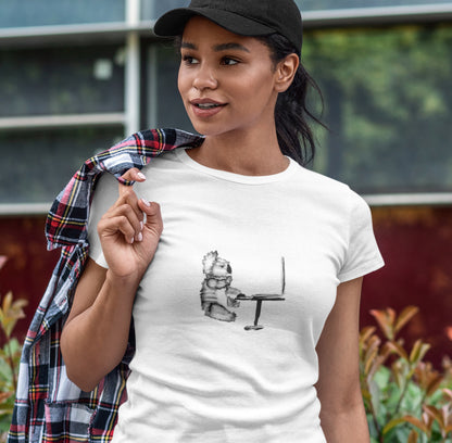 Koala on Computer | Women's 100% Organic Cotton T Shirt worn by a woman