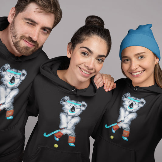 People wearing a Koala playing hockey sustainable vegan hoodie