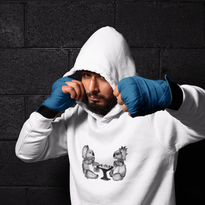Man wearing a Koalas playing chess sustainable vegan hoodie 