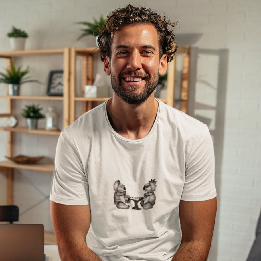 Koalas Playing Chess | 100% Organic Cotton T Shirt worn by a man