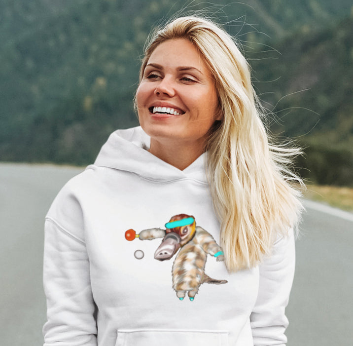 Woman wearing a Ping pong platypus sustainable vegan hoodie