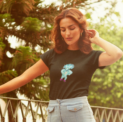 Woman wearing a Rollerskating triceratops women's vegan organic cotton t-shirt