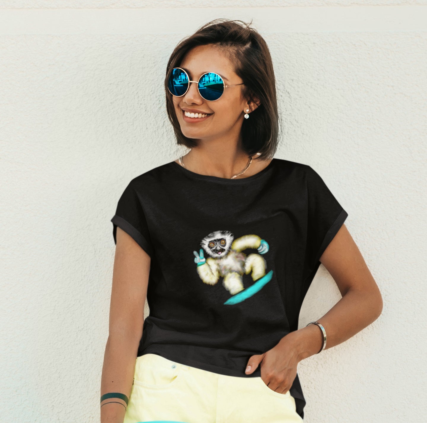 Lemur Snowboarder | Women's 100% Organic Cotton T Shirt worn by a woman