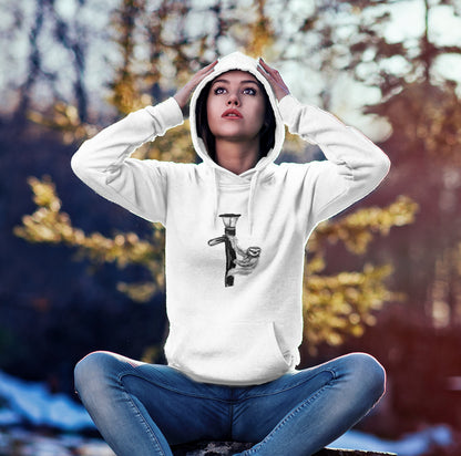 Woman wearing a Sloth on a lamp post sustainable vegan hoodie