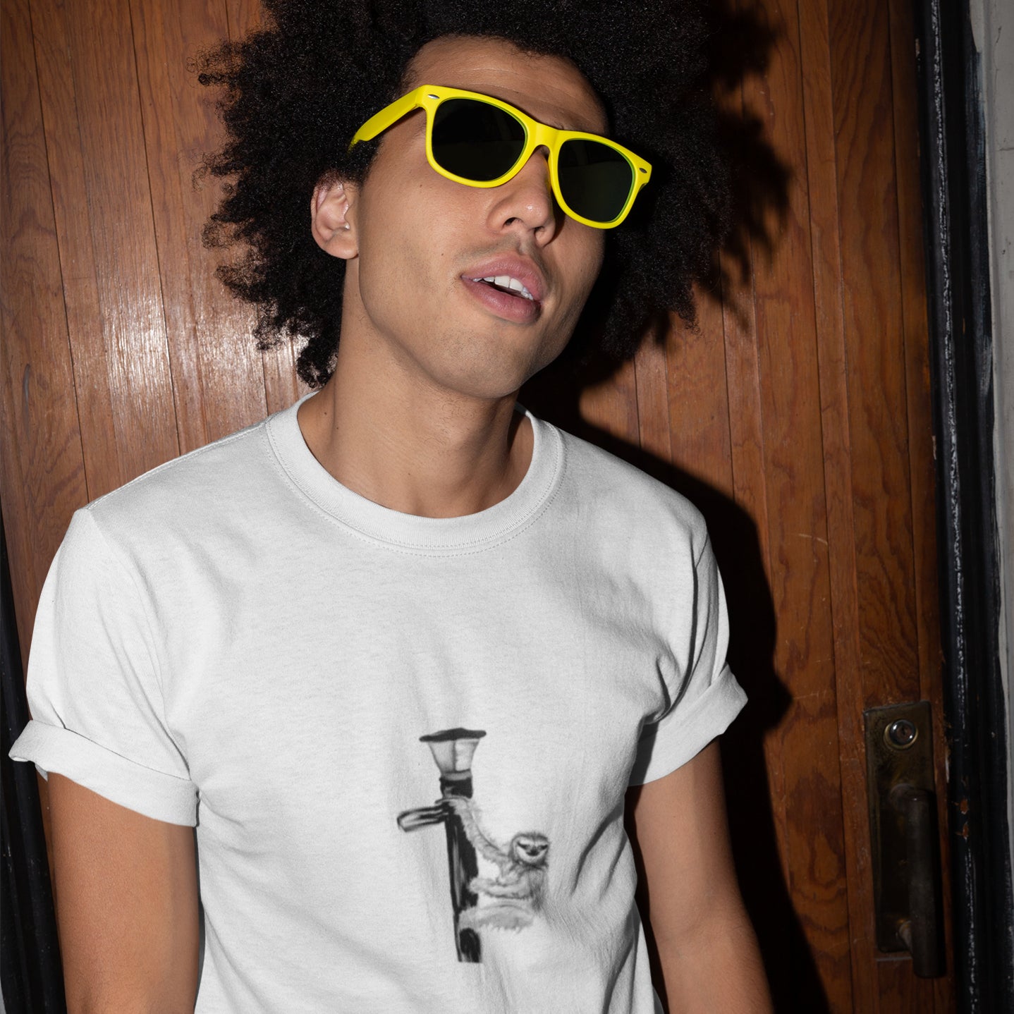 Sloth | 100% Organic Cotton T Shirt worn by a man with sunglasses