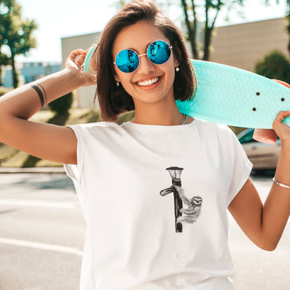 Sloth | 100% Organic Cotton T Shirt worn by a woman with a skateboard