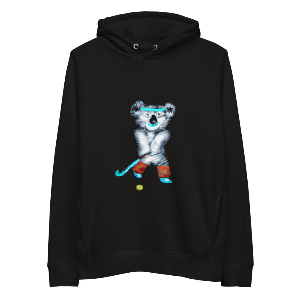 Koala playing hockey sustainable vegan hoodie in black