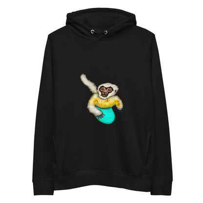 Surfing white cheeked gibbon sustainable vegan hoodie in black