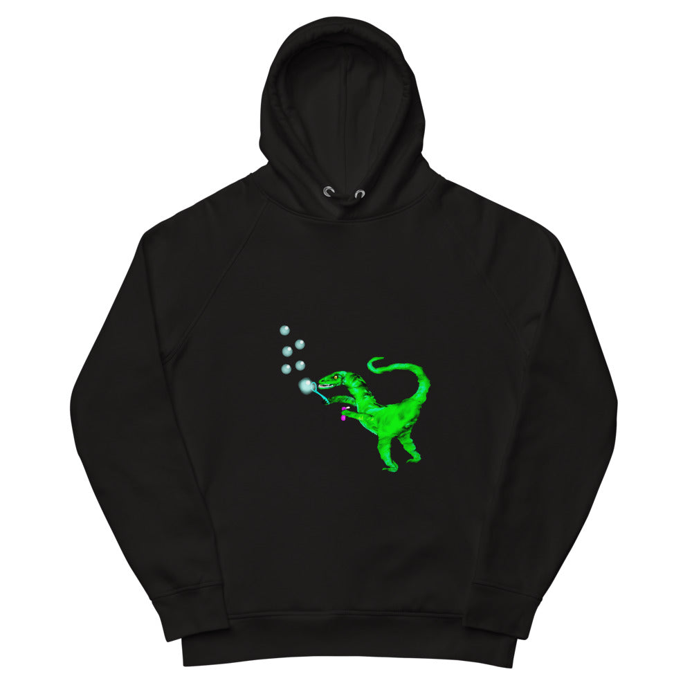 Velociraptor blowing bubbles sustainable vegan hoodie in black