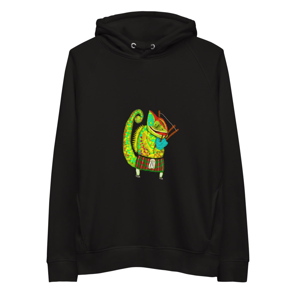 Chameleon bagpiper sustainable vegan hoodie in black