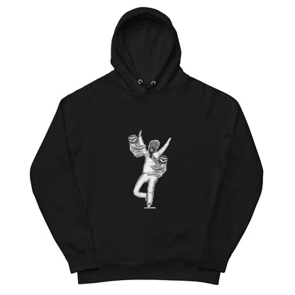 Sloth in a yoga tree pose sustainable vegan hoodie in black