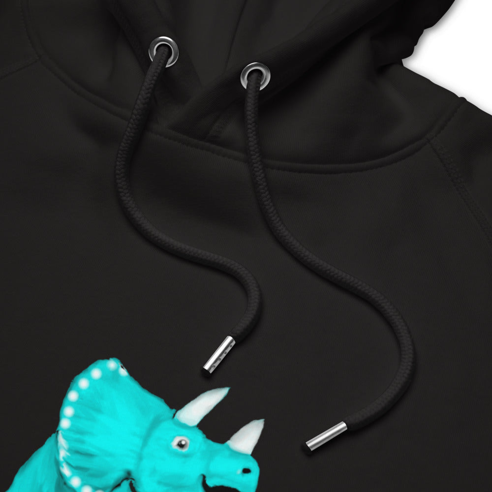 Triceratops on a space hopper sustainable vegan hoodie detail