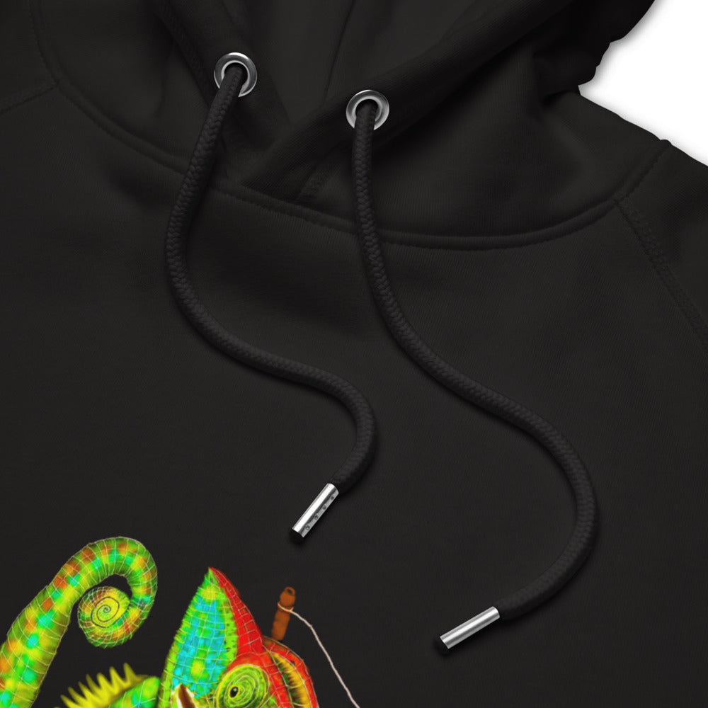 Chameleon bagpiper sustainable vegan hoodie detail
