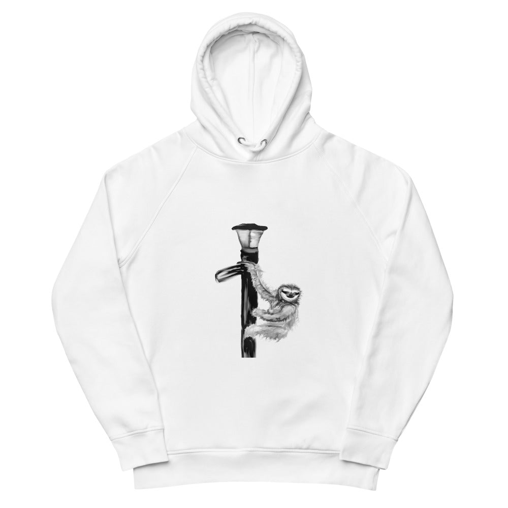 Sloth on a lamp post sustainable vegan hoodie in white