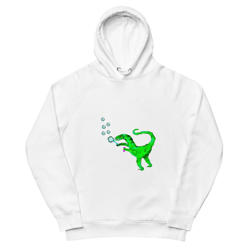 Velociraptor blowing bubbles sustainable vegan hoodie in white