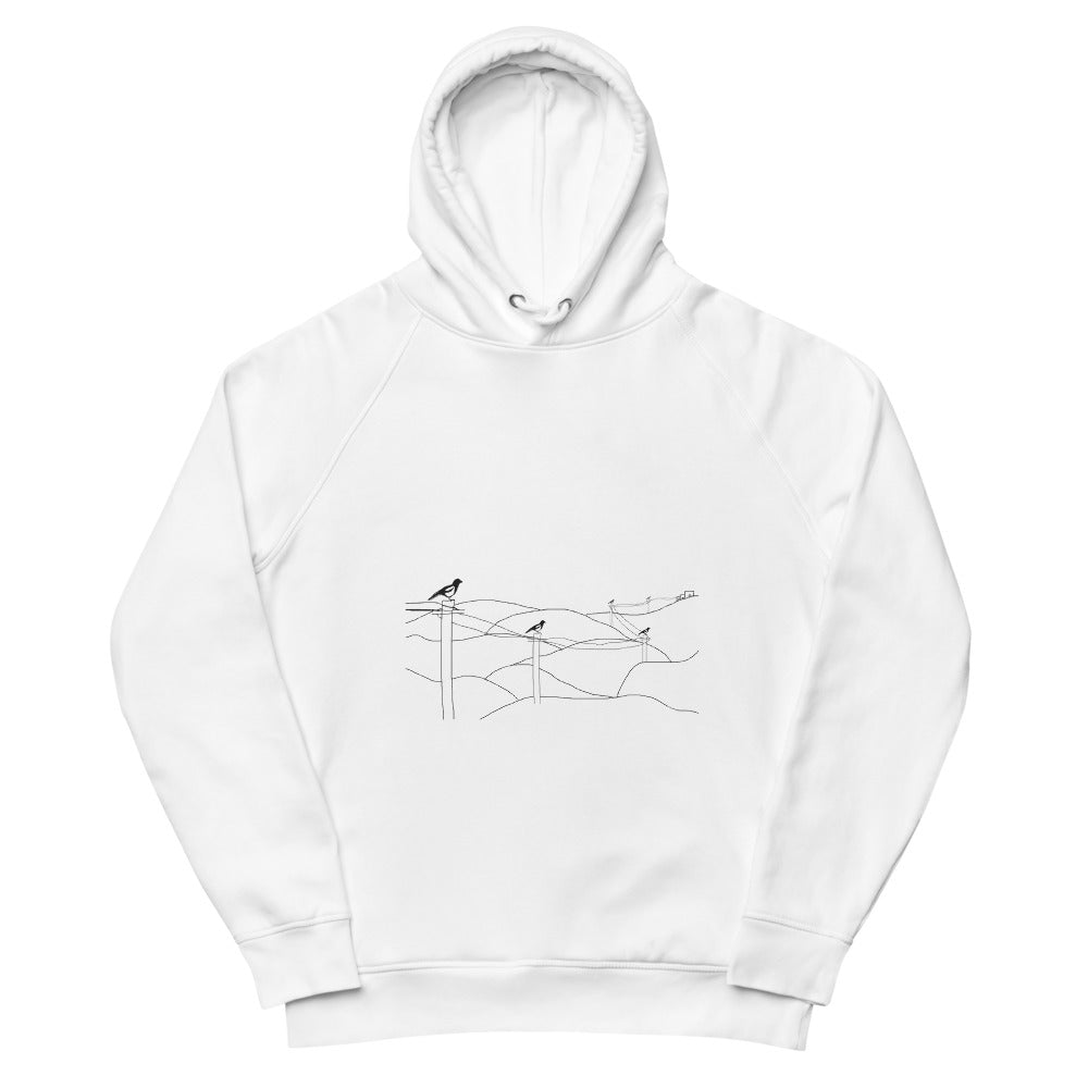 Magpies on a wire sustainable vegan hoodie in white