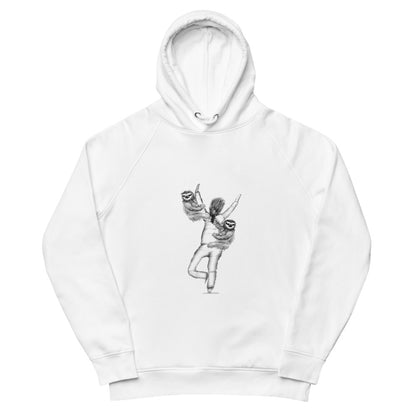 Sloth in a yoga tree pose sustainable vegan hoodie in white