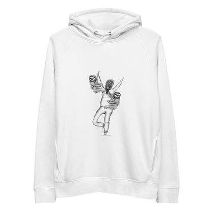 Sloth in a yoga tree pose sustainable vegan hoodie in white