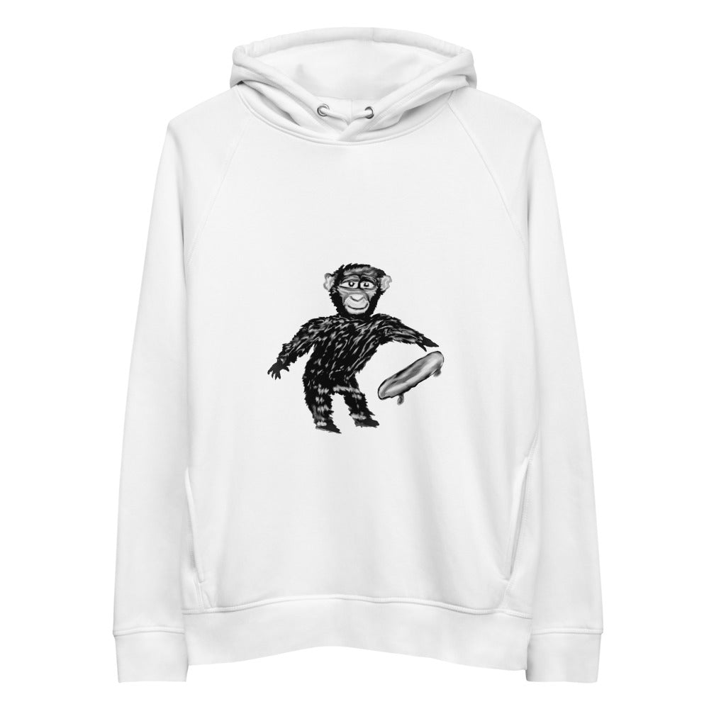 Chimp with a skateboard sustainable vegan hoodie in white