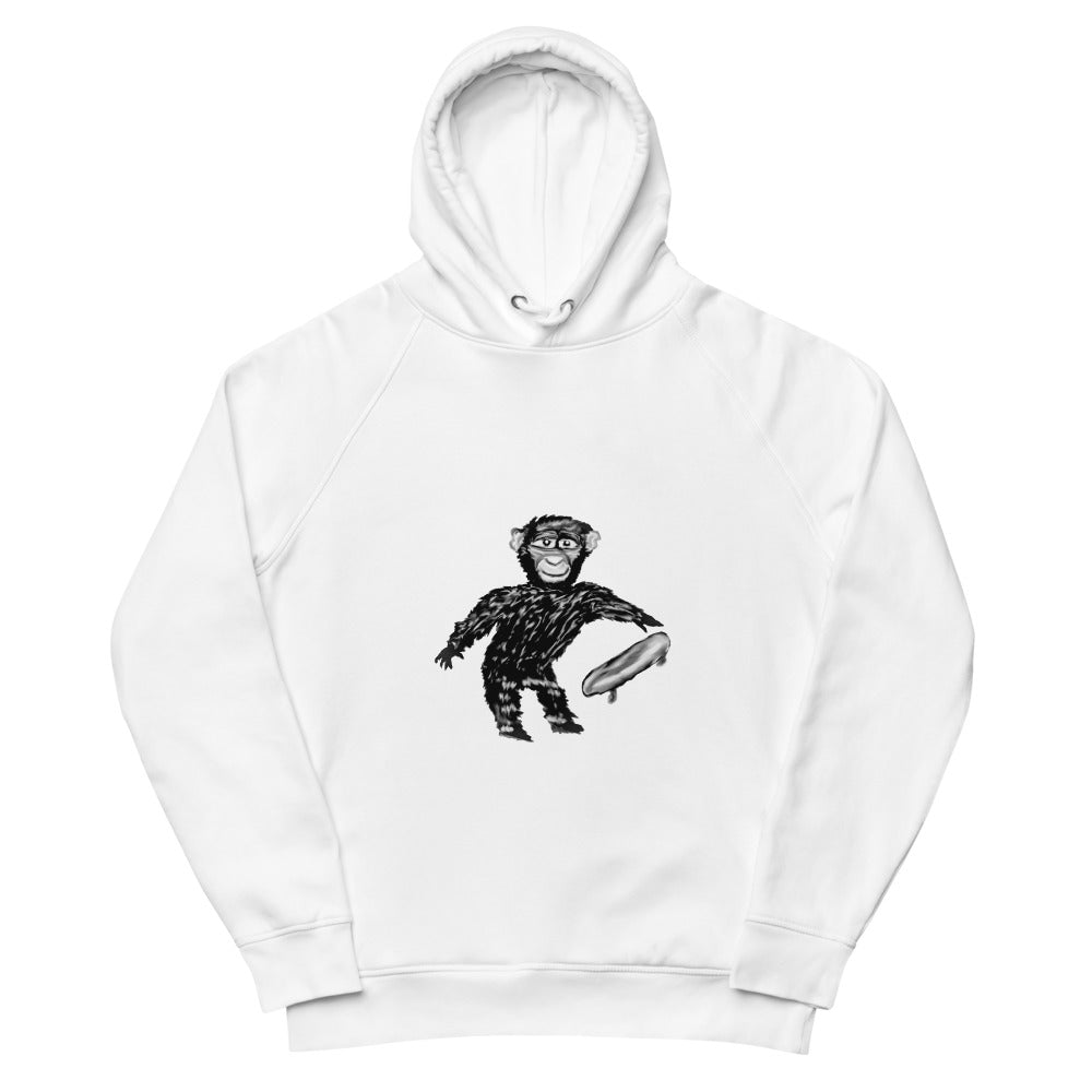 Chimp with a skateboard sustainable vegan hoodie in white