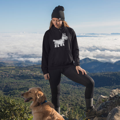 Woman wearing a Westie dog sustainable vegan hoodie