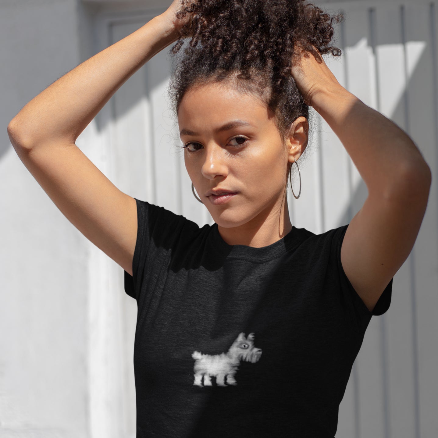 Woman wearing a Westie dog vegan organic cotton t-shirt