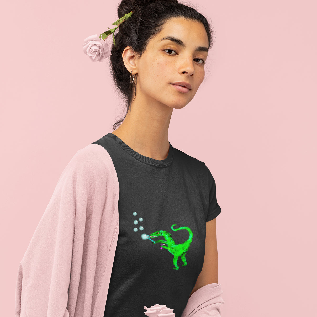 Velociraptor blowing bubbles Women's vegan organic cotton t-shirt in black