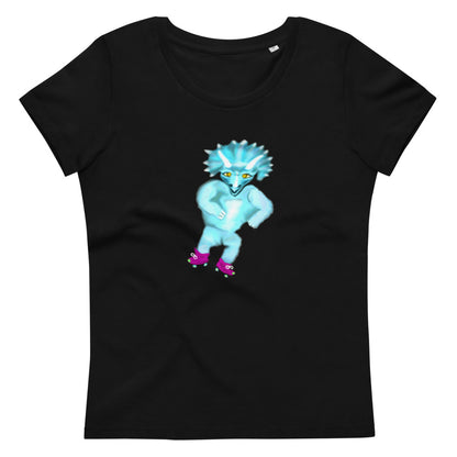 Rollerskating triceratops women's vegan organic cotton t-shirt in black
