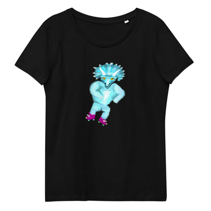 Rollerskating triceratops women's vegan organic cotton t-shirt in black