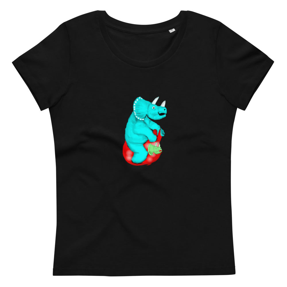 Triceratops on a space hopper women's vegan organic cotton t-shirt in black